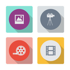 Buttons with shadow. Photograph vector icon. Cinema camera icon. Film reel vector icon. Vector film strip icon.