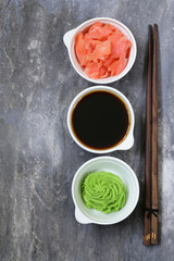 Japanese wasabi sauce, soy sauce and pickled ginger - obrazy, fototapety, plakaty