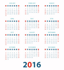 Calendar for 2016 on White Background.