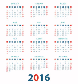 Calendar for 2016 on White Background.