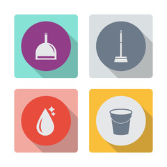 Buttons with shadow. Dustpan icon. Broom vector icon. Water drop icon. Bucket vector icon.