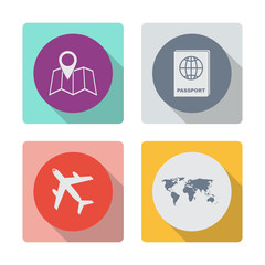 Buttons with shadow. Pin on the map vector icon. Passport vector icon. Airplane vector icon. World map vector icon.