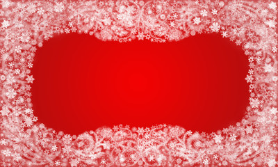Frame from snowflakes and frost patterns on the red background