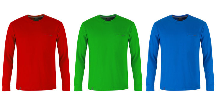 red, green and blue long sleeve t-shirts 