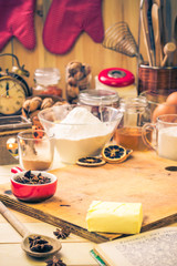 Ingredients preparation iced christmas gingerbread kitchen table