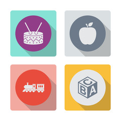 Buttons with shadow. Drum vector icon. Apple vector icon. Locomotive vector icon. ABC block vector icon.