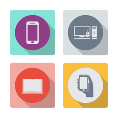 Buttons with shadow. Smartphone vector icon. Computer case with monitor, keyboard and mouse, vector icon. Laptop vector icon.