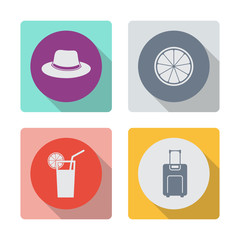 Buttons with shadow. Hat vector icon. Orange or lemon slice vector icon. Cocktail or juice vector icon. Luggage vector icon.