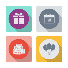 Buttons with shadow. Gift box vector icon. Calendar Icon. Happy Birthday icon. Cake vector icon. Air balloons vector icon.