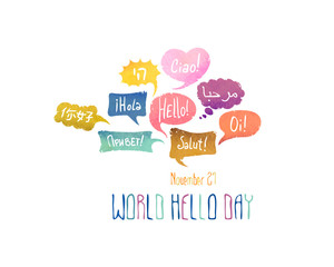 Holiday November 21 - World hello day. Card with speech bubbles with word "Hello" on different languages (English, Chinese, Spanish, Russian, Italian, French, Arabic, Hebrew, Portuguese) © Crazy nook