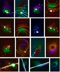 Fototapeta na wymiar Glowing lines in the dark space, set of abstract backgrounds