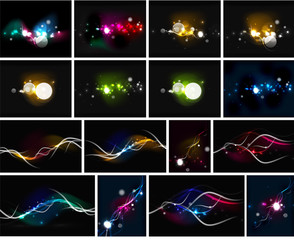 Glowing lines in the dark space, set of abstract backgrounds