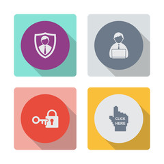 Buttons with shadow. Shield protection vector icon. Security agency symbol. Shield icon with an avatar. Office worker vector icon. Lock and key vector icon. Click here - pixel hand vector icon.