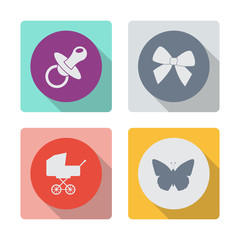Buttons with shadow. Baby pacifier vector icon. Bow vector icon. Baby carriage vector icon. Butterfly vector icon.