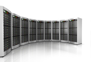 Row of network servers in data center isolated on white background