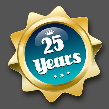 25 years seal or icon with crown symbol. Glossy golden seal or button with stars and turquoise color.