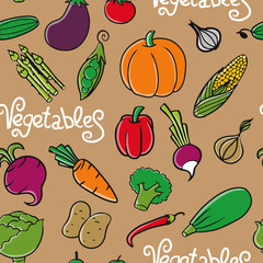 Cartoon vector vegetables seamless background. Perfect for print pack or designed menu.
