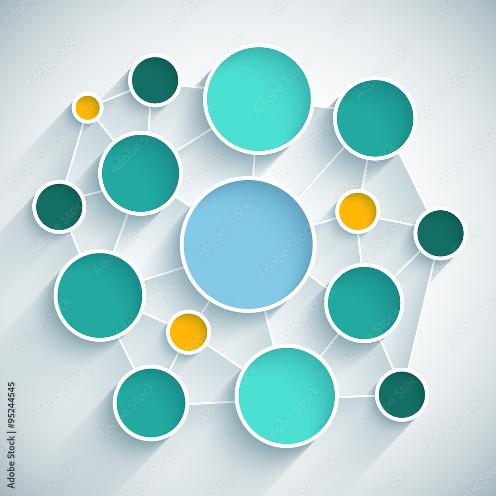 Aufkleber infographics network flat design scheme with blue, green and yellow circles on light grey background