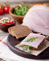 Pork ham with fresh salad and vegetables.