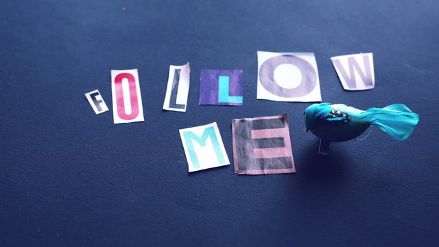 stop motion and animation of the concept of following in the internet era, with bird and alphabetic stamps