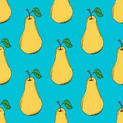 Hand Drawn Pear Pattern on Blue Background