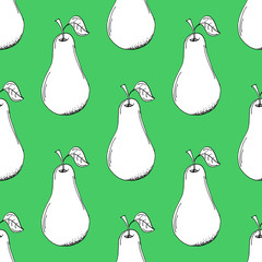 Hand Drawn Paper Cut White Pear Pattern on Green Background