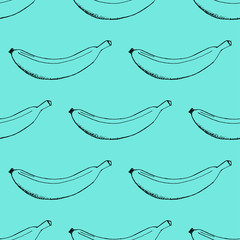 Hand Drawn Outline Stroke Banana Pattern on Blue Background