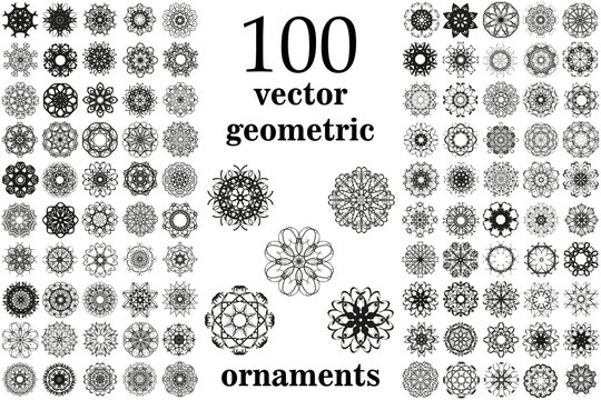 Round geometric ornaments set. 100 vector spirographs