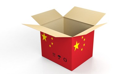 Carton box with China national flag, isolated on white background.