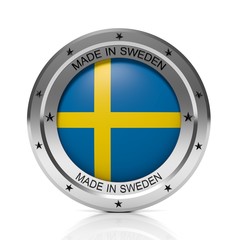 Made in Sweden round badge with national flag, isolated on white background.