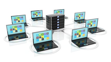 Server rack icon with laptops around it, isolated on white background