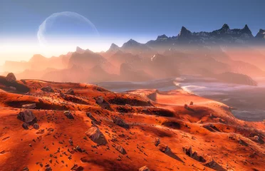 Velvet curtains Brick Mars - martian landscape. Phobos moon above mountains