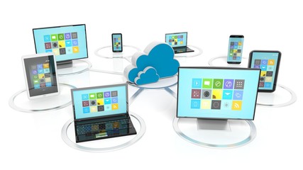 Cloud icon with communication devices around it, isolated on white background