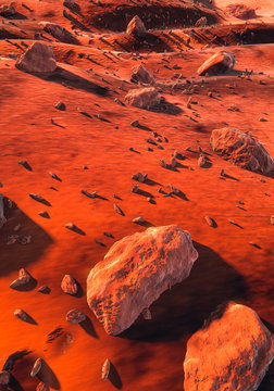 Mars - red rocks, dunes and large stones