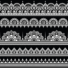 Mehndi, Indian Henna tattoo seamless white pattern on black background