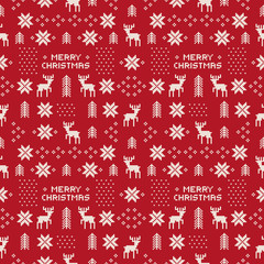 seamless retro red christmas pattern with deers, trees and snowflakes