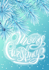Fototapeta na wymiar Lettering Merry Christmas on snow frozen tree branch