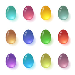 Set of colorful glass eggs, gems. Isolated on white background.