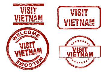 Set of stylized ink stamps showing the term visit vietnam. All on white background.