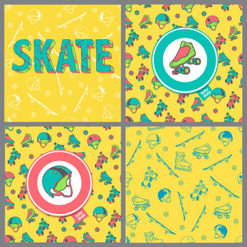 Set of four pictures: Skate board typography, seamless pattern, roller derby icons. Seamless pattern with roller skates, quads, helmets, wheels, skateboards