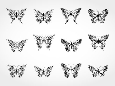 Vector set of black silhouettes butterflies