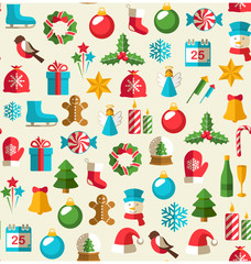 Seamless Winter Pattern with Christmas Flat Icons Isolated on Be