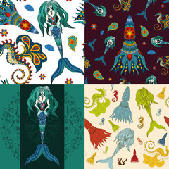 Hand drawn Ornamental Mermaid, sea-horse and calmar.  Fairy-tale