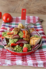 Salad with chicken, broccoli, onions and peppers with balsamic dressing