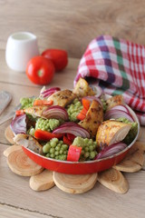 Salad with chicken, broccoli, onions and peppers with balsamic dressing