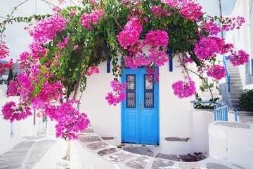 Photo sur Plexiglas Santorin Maison grecque traditionnelle avec des fleurs sur l& 39 île de Paros, Grèce.