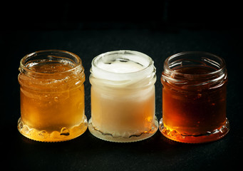 Three types of sweet honey: May linden, white clover, dark buckw