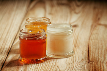 Three types of sweet honey: May linden, white clover, dark buckw