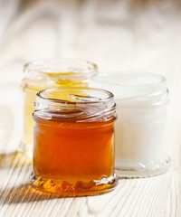 Three types of sweet honey: May linden, white clover, dark buckw