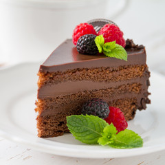 Chocolate cake on white plate